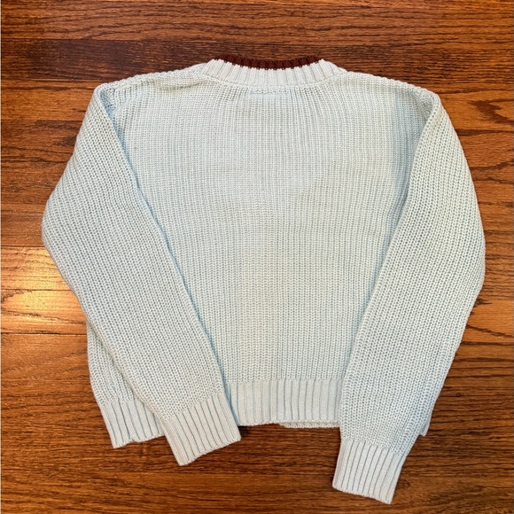 Kids' Light Blue Cardigan Sweater with Brown Trim - Picture 2 of 5